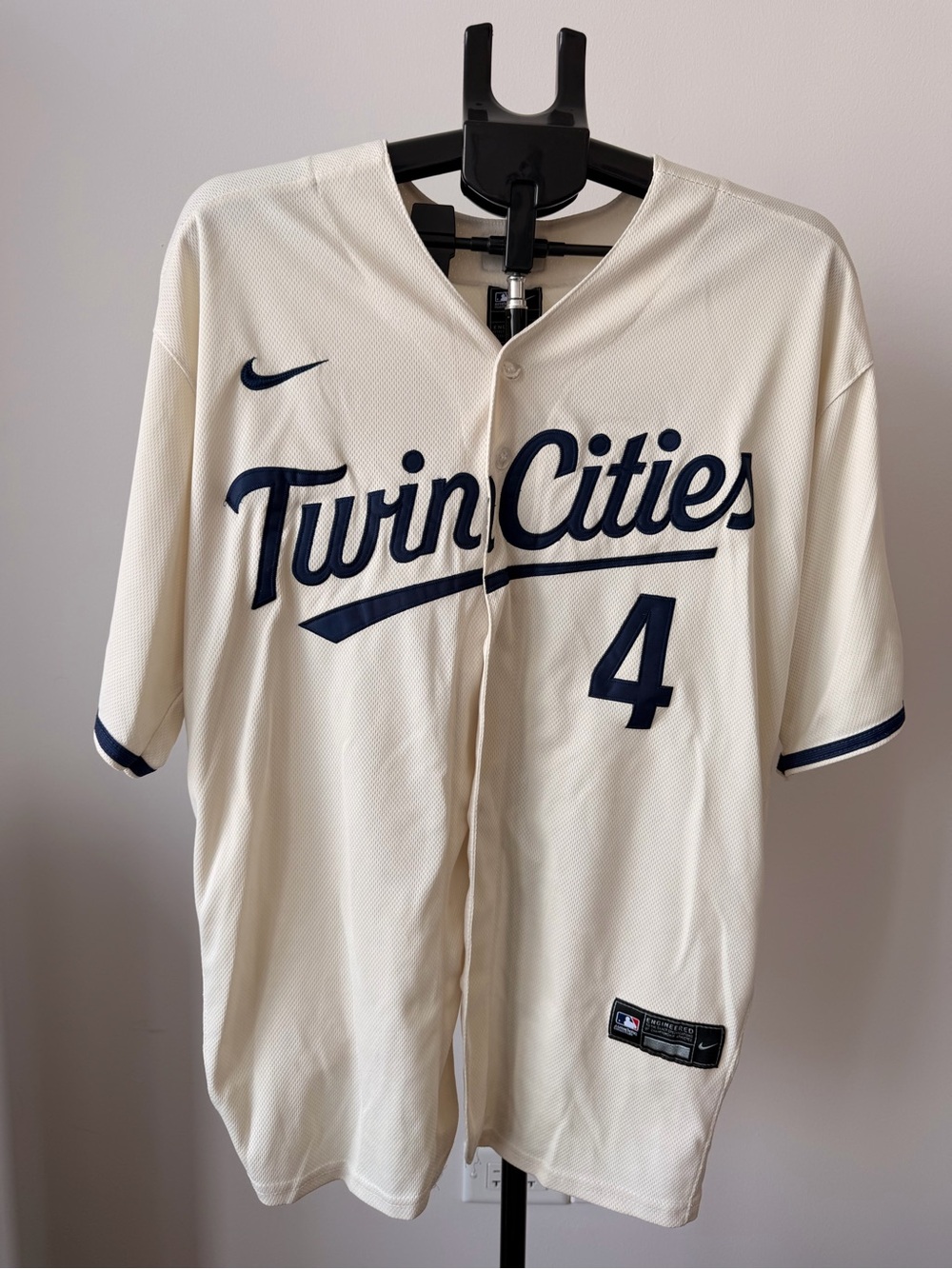 Nike Cream Twin Cities Baseball Jersey with Navy Script & Number 4